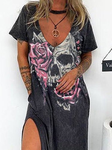 Dresses Loose Skull Print Short Sleeve Slit Dress - LuckyFash™