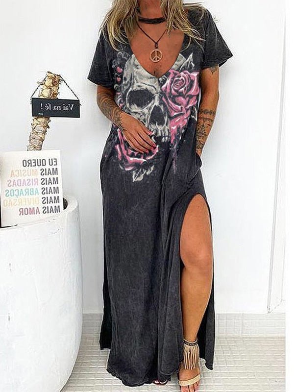 Dresses Loose Skull Print Short Sleeve Slit Dress - LuckyFash™