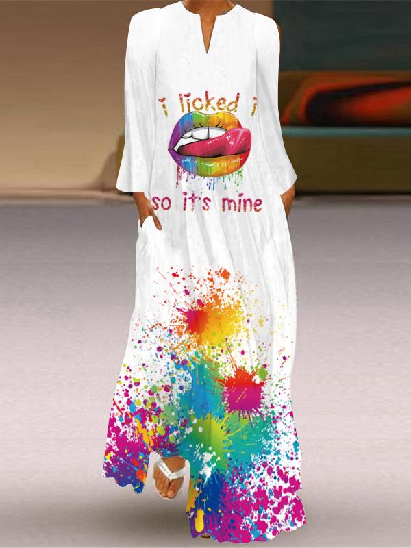 Dresses Loose V-Neck Long Sleeve Print Dress - LuckyFash™