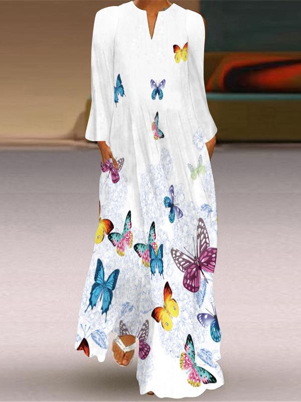 Dresses Loose V-Neck Long Sleeve Print Dress - LuckyFash™