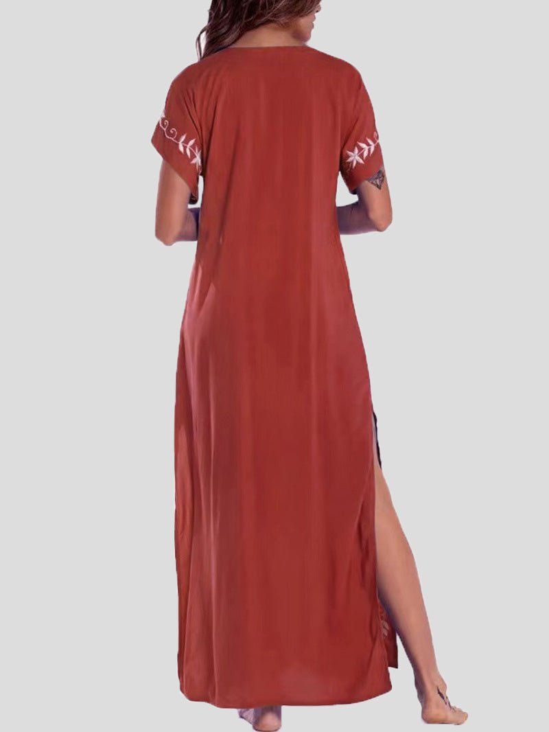 Dresses Loose V-Neck Vintage Print Slit Maxi Dress - LuckyFash™