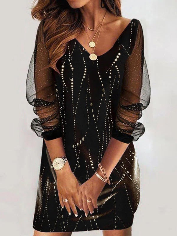 Dresses Mesh Stitching V-Neck Long Sleeve Dress - LuckyFash™