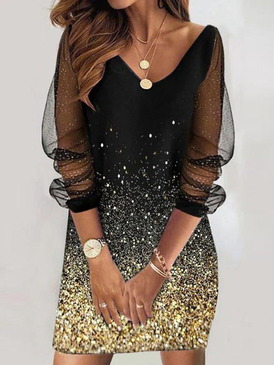 Dresses Mesh Stitching V-Neck Long Sleeve Dress - LuckyFash™