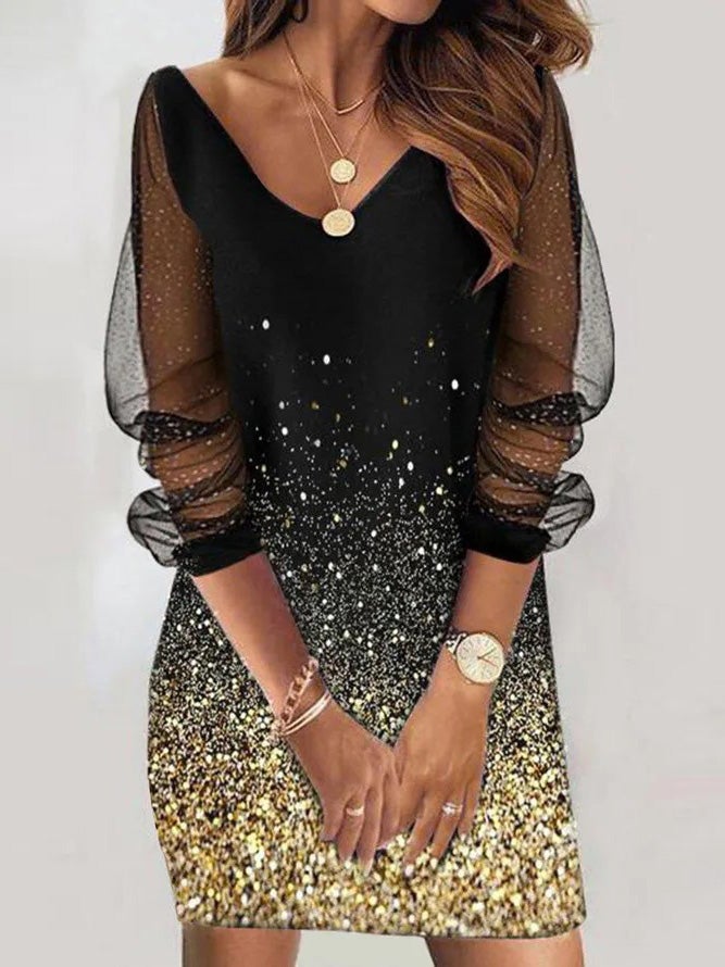 Dresses Mesh Stitching V-Neck Long Sleeve Dress - LuckyFash™