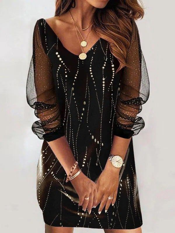 Dresses Mesh Stitching V-Neck Long Sleeve Dress - LuckyFash™