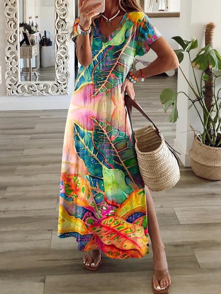 Dresses Multicolor Leaf V-Neck Short Sleeve Slit Dress - LuckyFash™