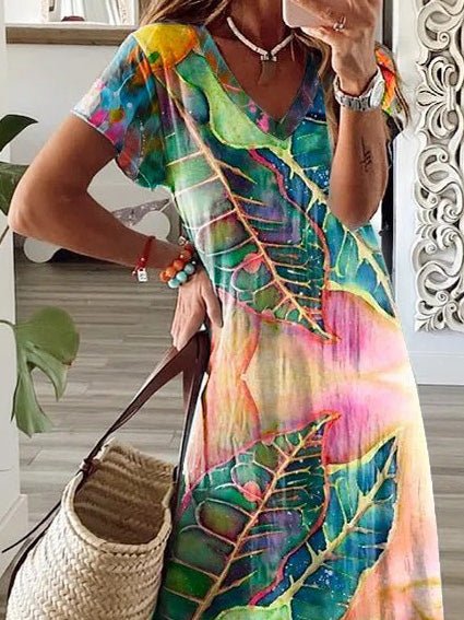 Dresses Multicolor Leaf V-Neck Short Sleeve Slit Dress - LuckyFash™