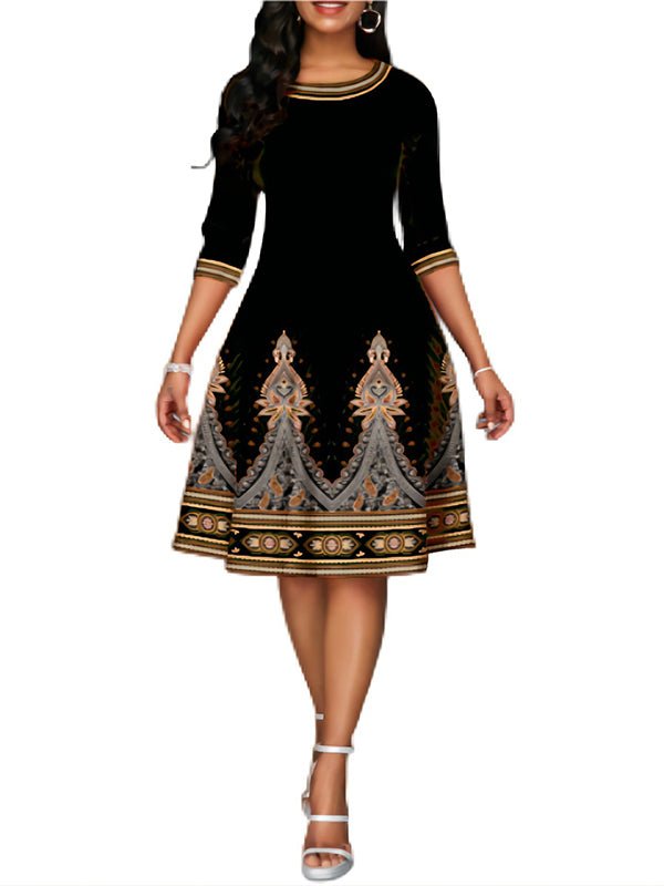 Dresses National Style Printed High Waist Mid Sleeve Midi Dress - LuckyFash™