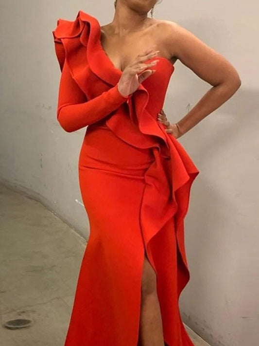 Dresses One Shoulder Ruffled Irregular Slit Dress - LuckyFash™