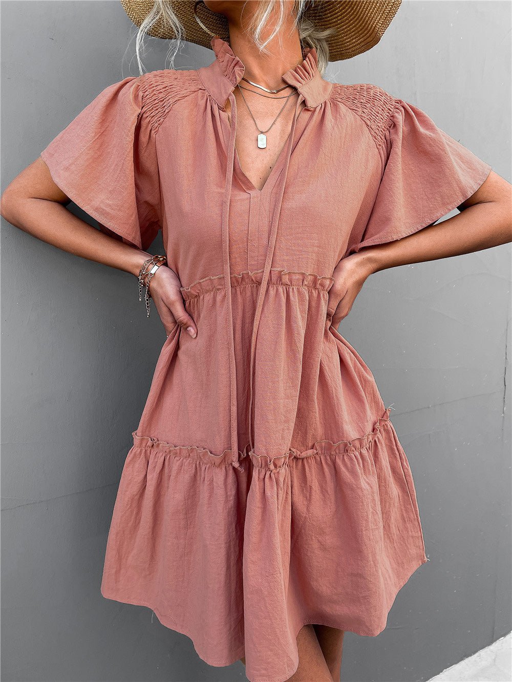 Dresses Pleated Belted V-Neck Short Sleeve Dress - LuckyFash™