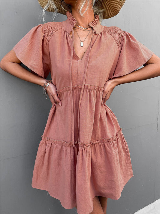 Dresses Pleated Belted V-Neck Short Sleeve Dress - LuckyFash™