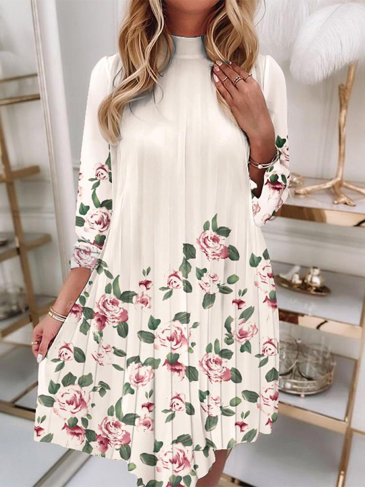 Dresses Pleated Flower Ruffled Long Sleeve Dress - LuckyFash™