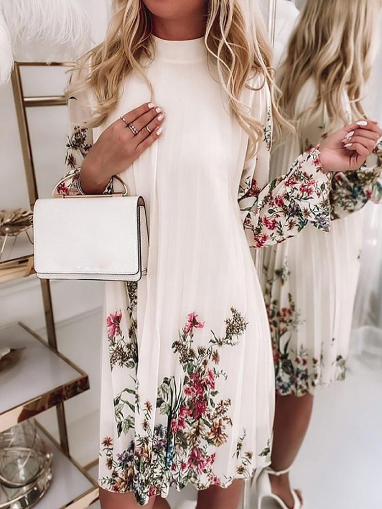 Dresses Pleated Flower Ruffled Long Sleeve Dress - LuckyFash™