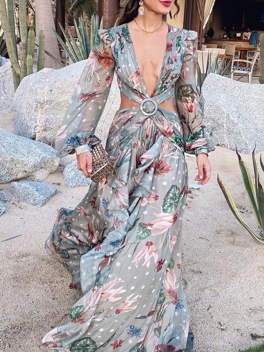 Dresses Printed Deep V-Neck Hollow Lantern Long Sleeve Dress - LuckyFash™