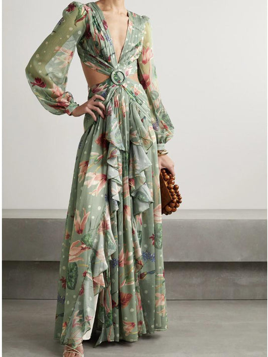 Dresses Printed Deep V-Neck Hollow Lantern Long Sleeve Dress - LuckyFash™