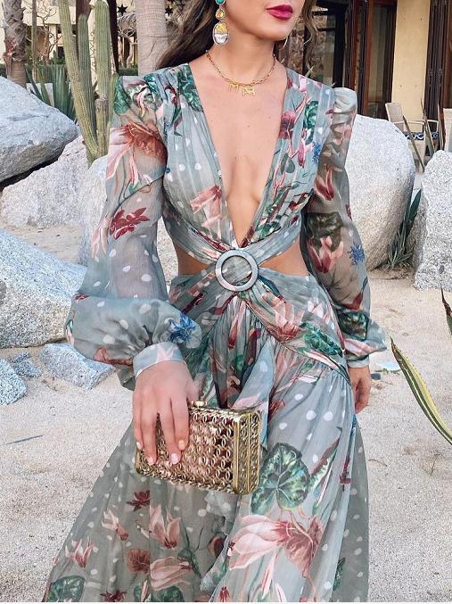 Dresses Printed Deep V-Neck Hollow Lantern Long Sleeve Dress - LuckyFash™