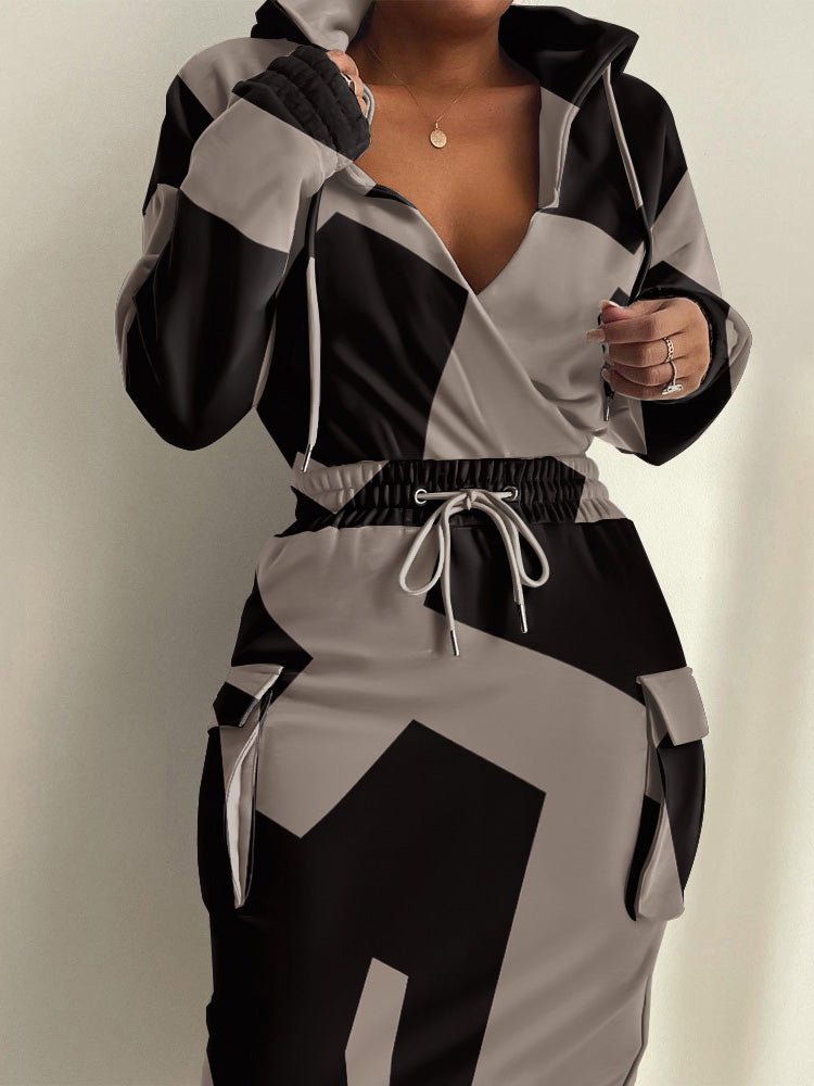 Dresses Printed Elastic Waist Pocket Hooded Dress - LuckyFash™