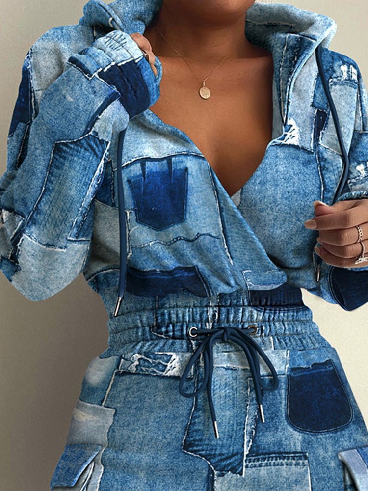 Dresses Printed Elastic Waist Pocket Hooded Dress - LuckyFash™