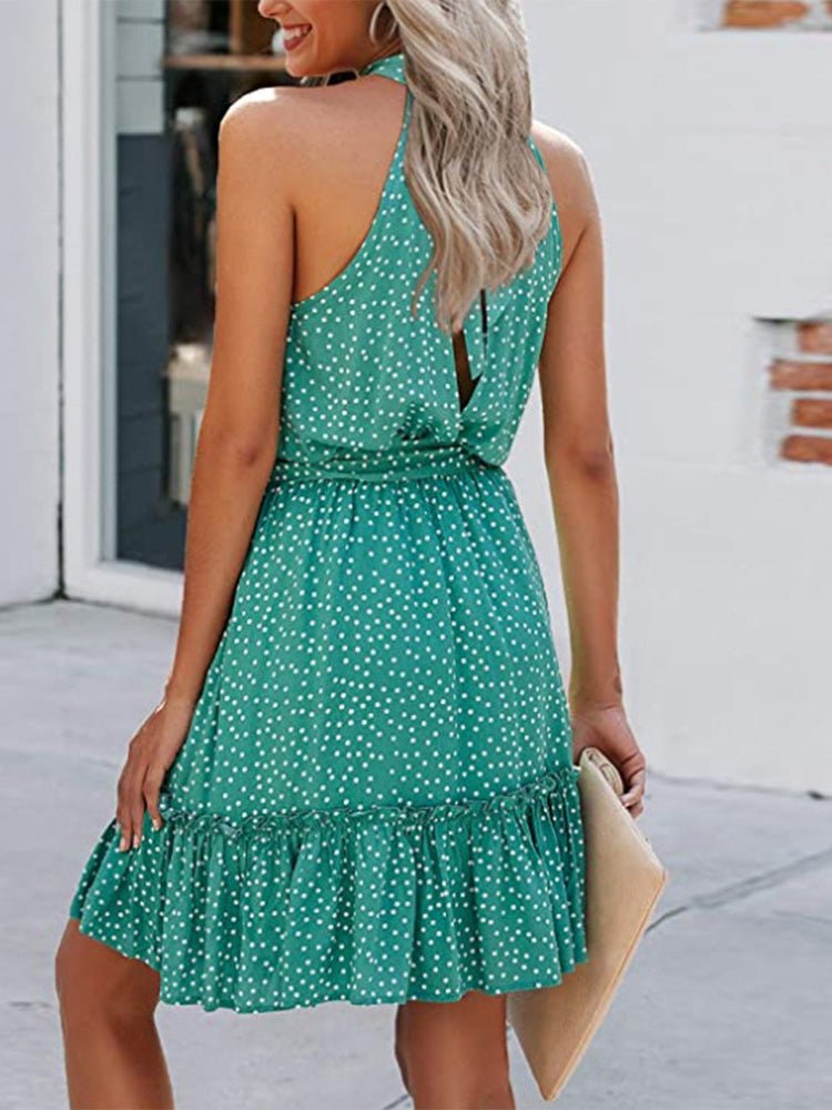 Dresses Printed Halterneck Tie Ruffle Dress - LuckyFash™