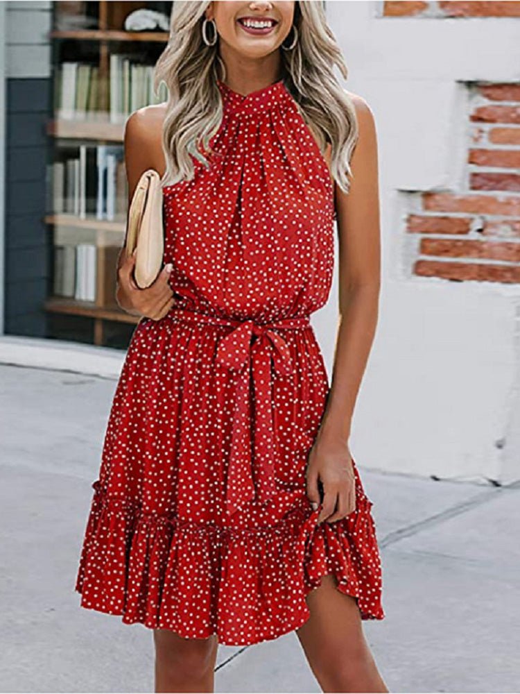 Dresses Printed Halterneck Tie Ruffle Dress - LuckyFash™