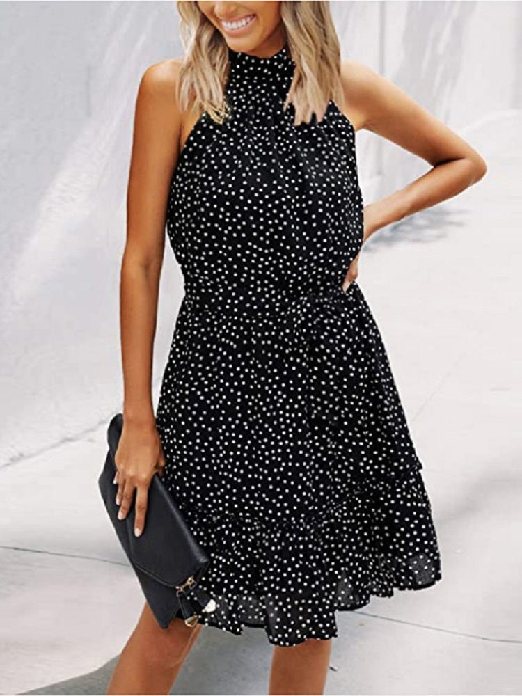 Dresses Printed Halterneck Tie Ruffle Dress - LuckyFash™