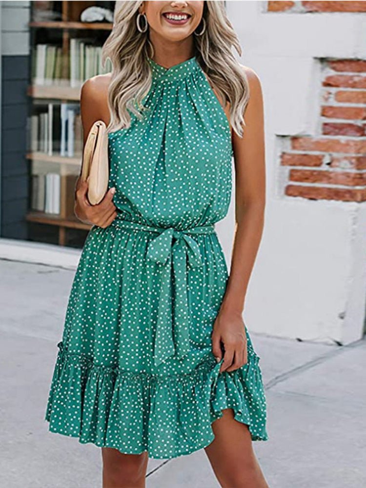 Dresses Printed Halterneck Tie Ruffle Dress - LuckyFash™