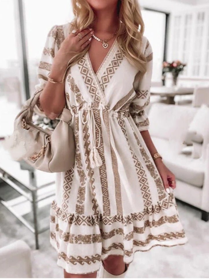 Dresses Printed V-Neck Belted Mid-Sleeve Dress - LuckyFash™