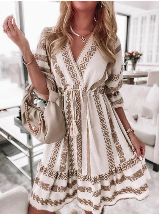 Dresses Printed V-Neck Belted Mid-Sleeve Dress - LuckyFash™