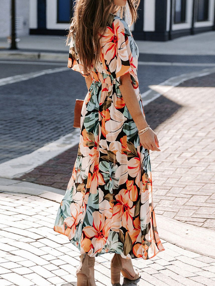 Dresses Printed V-Neck Elastic Waist Slit Dress - LuckyFash™