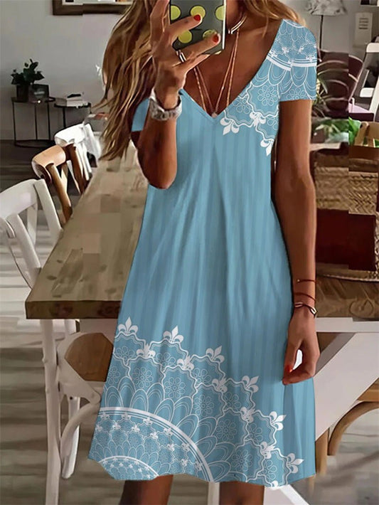 Dresses Printed V-Neck Short Sleeve Dress - LuckyFash™