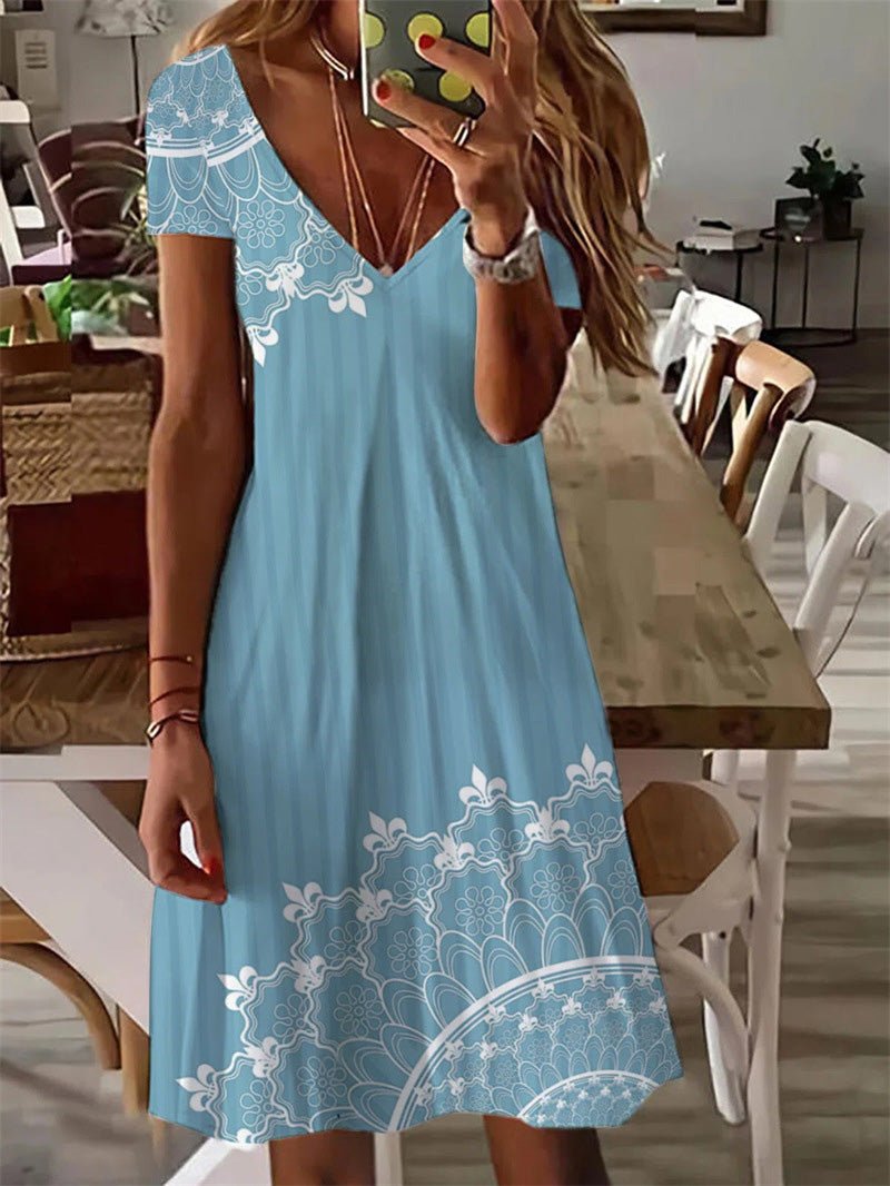 Dresses Printed V-Neck Short Sleeve Dress - LuckyFash™