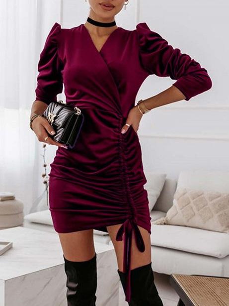 Dresses Puff Sleeve V-Neck Drawstring Dress - LuckyFash™