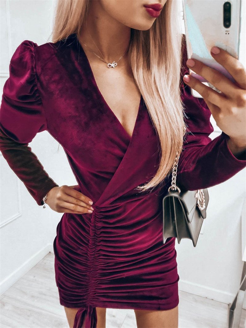 Dresses Puff Sleeve V-Neck Drawstring Dress - LuckyFash™