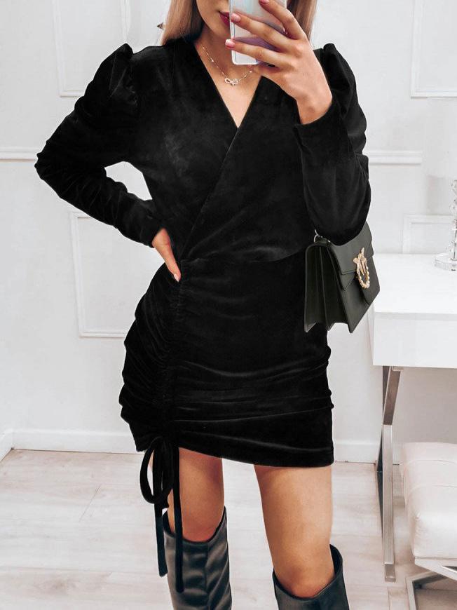 Dresses Puff Sleeve V-Neck Drawstring Dress - LuckyFash™