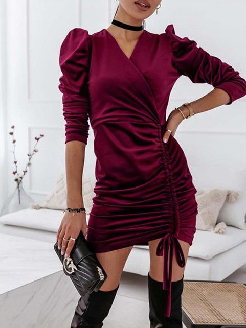 Dresses Puff Sleeve V-Neck Drawstring Dress - LuckyFash™