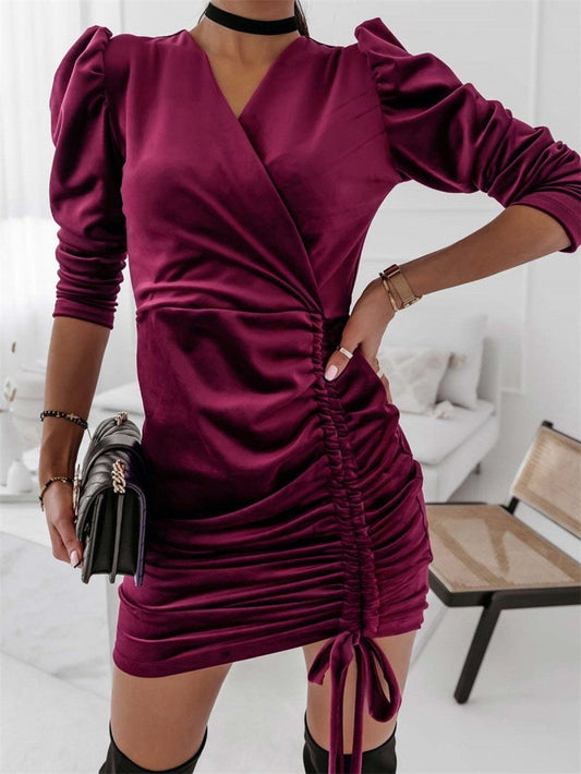 Dresses Puff Sleeve V-Neck Drawstring Dress - LuckyFash™