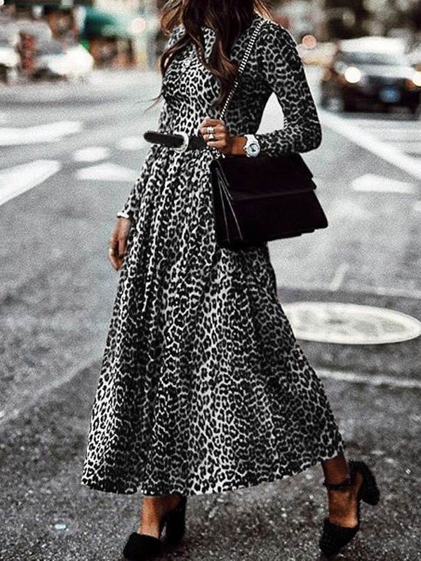 Dresses Retro Leopard Print Round Neck Long Sleeve Dress - LuckyFash™