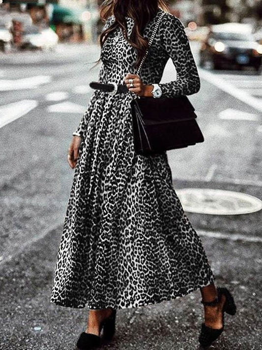 Dresses Retro Leopard Print Round Neck Long Sleeve Dress - LuckyFash™