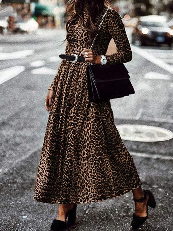 Dresses Retro Leopard Print Round Neck Long Sleeve Dress - LuckyFash™