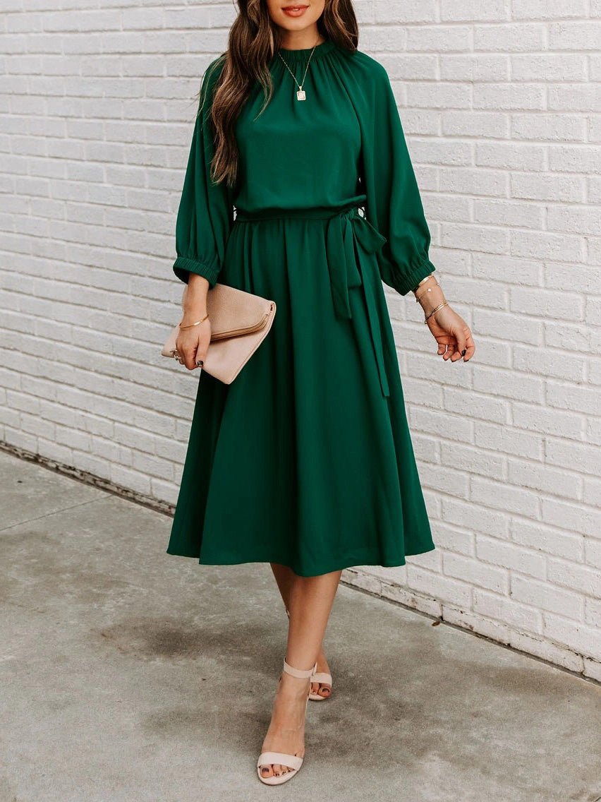 Dresses Round Neck Lace-Up Long Sleeve Dress - LuckyFash™