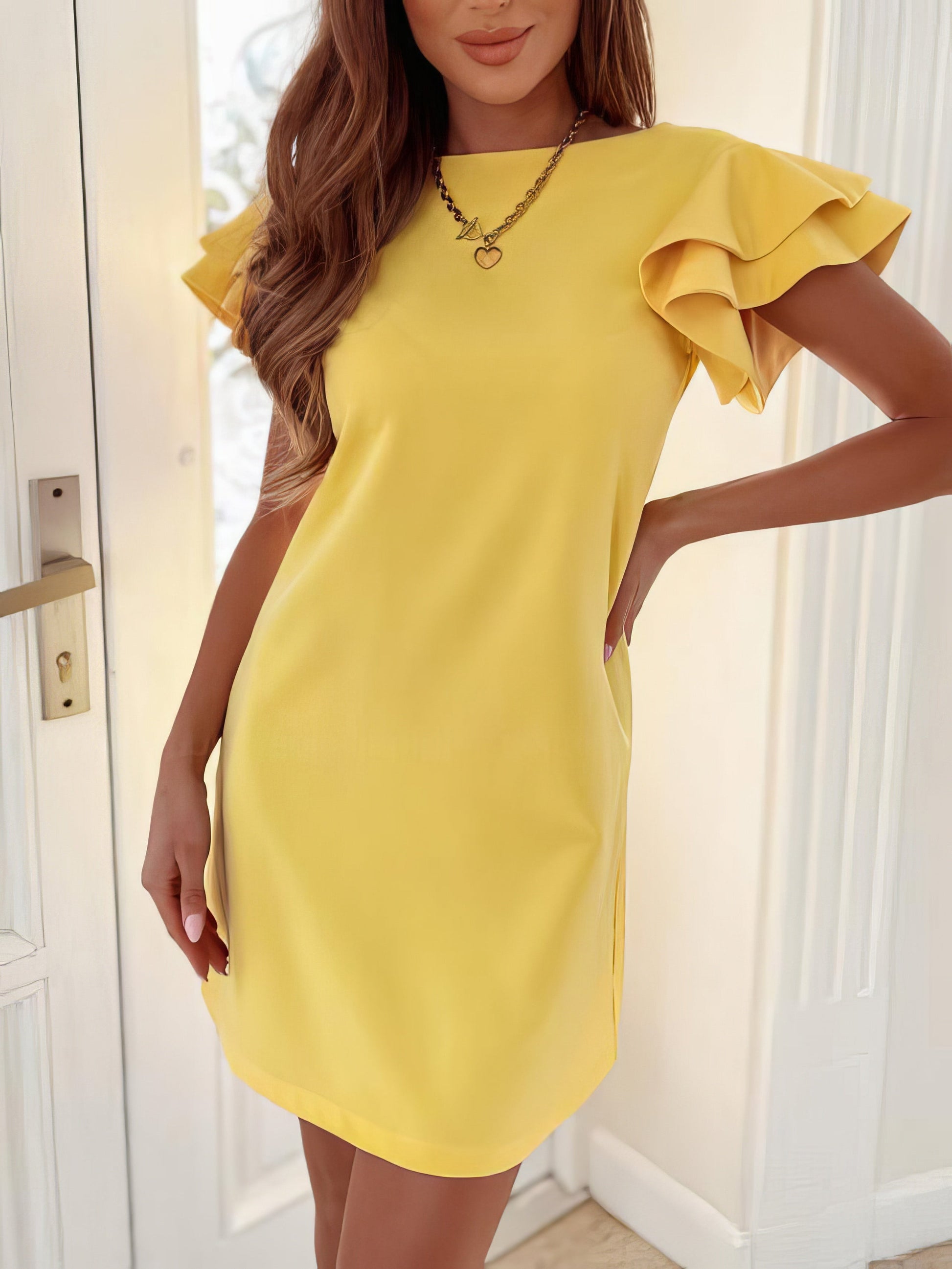 Dresses Round Neck Open Back Ruffle Sleeve Dress - LuckyFash™