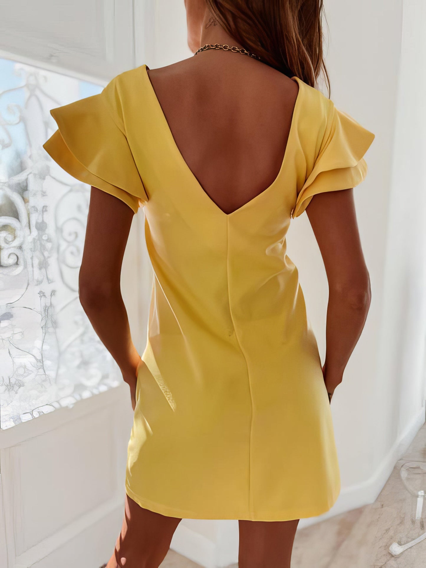 Dresses Round Neck Open Back Ruffle Sleeve Dress - LuckyFash™