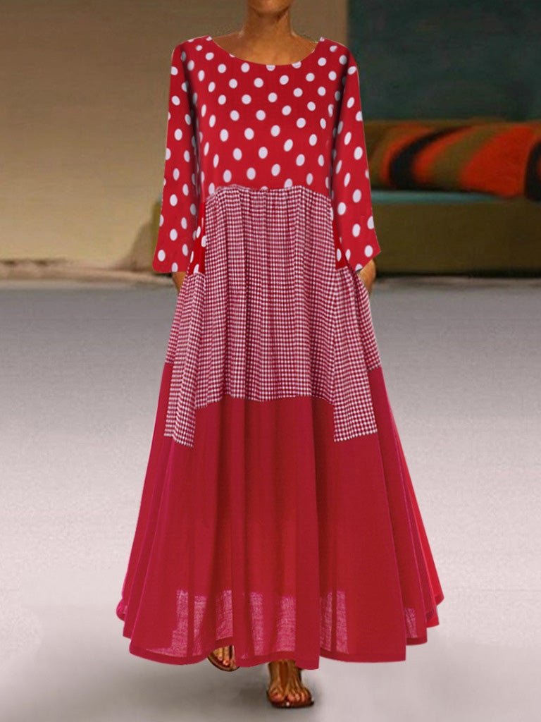 Dresses Round Neck Polka Dot Pocket Long Sleeve Dress - LuckyFash™