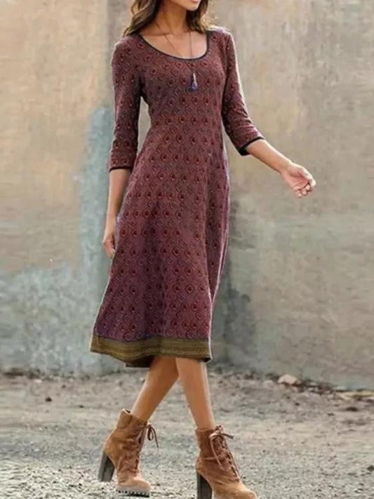 Dresses Round Neck Retro Print Long Sleeve Dress - LuckyFash™