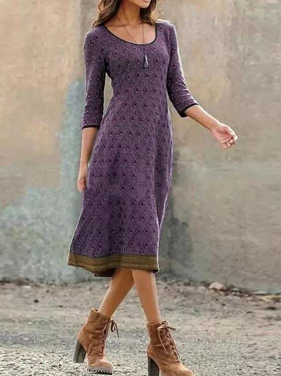 Dresses Round Neck Retro Print Long Sleeve Dress - LuckyFash™
