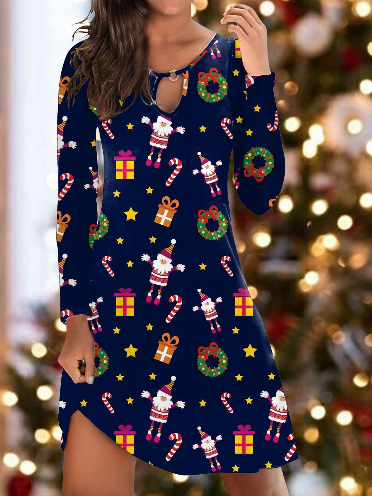 Dresses Santa Print Hollow Long Sleeve Mini Dress - LuckyFash™