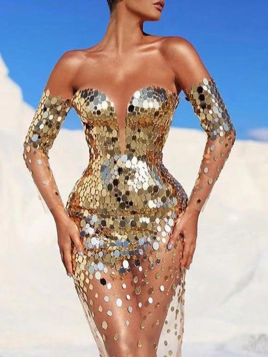 Dresses Sequined One Shoulder Long Sleeve Evening Dress - LuckyFash™