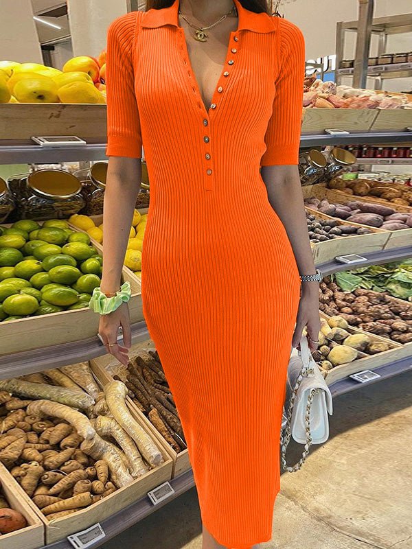 Dresses Simple Lapel Button Mid-Sleeve Slim Fit Dress - LuckyFash™