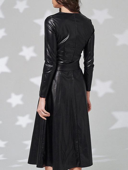 Dresses Simple Round Neck Belt Long Sleeve PU Leather Dress - LuckyFash™