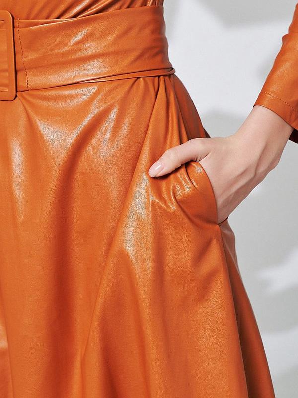 Dresses Simple Round Neck Belt Long Sleeve PU Leather Dress - LuckyFash™